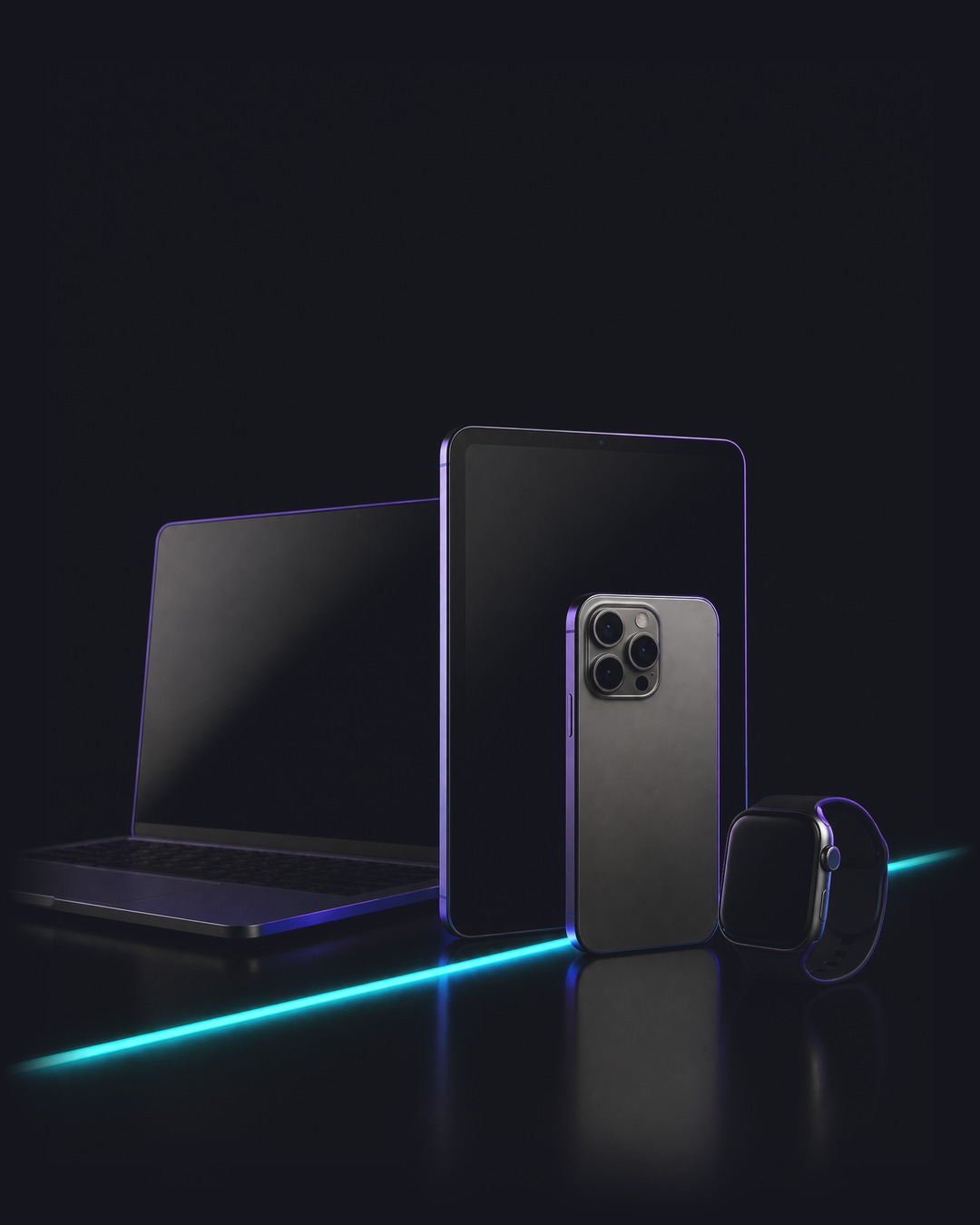 An iPhone, a MacBook, an iPad and an Apple Watch on a dark surface